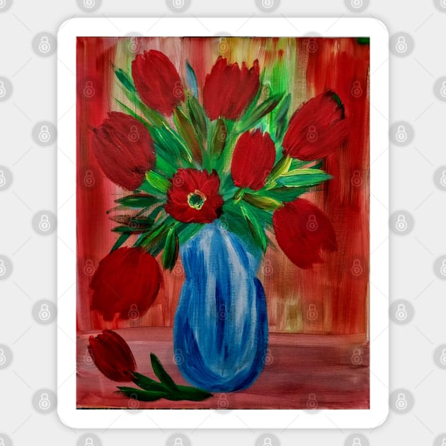 A burst of color and positive energy came to life in this painting. Some tulips in vase Sticker by kkartwork